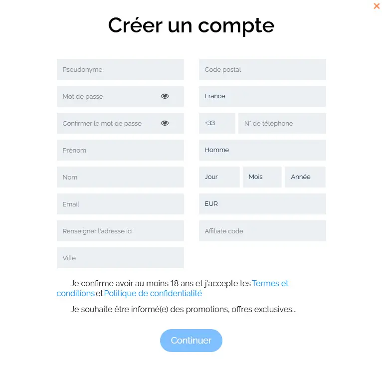 Processus d'inscription FANTASTIK CASINO